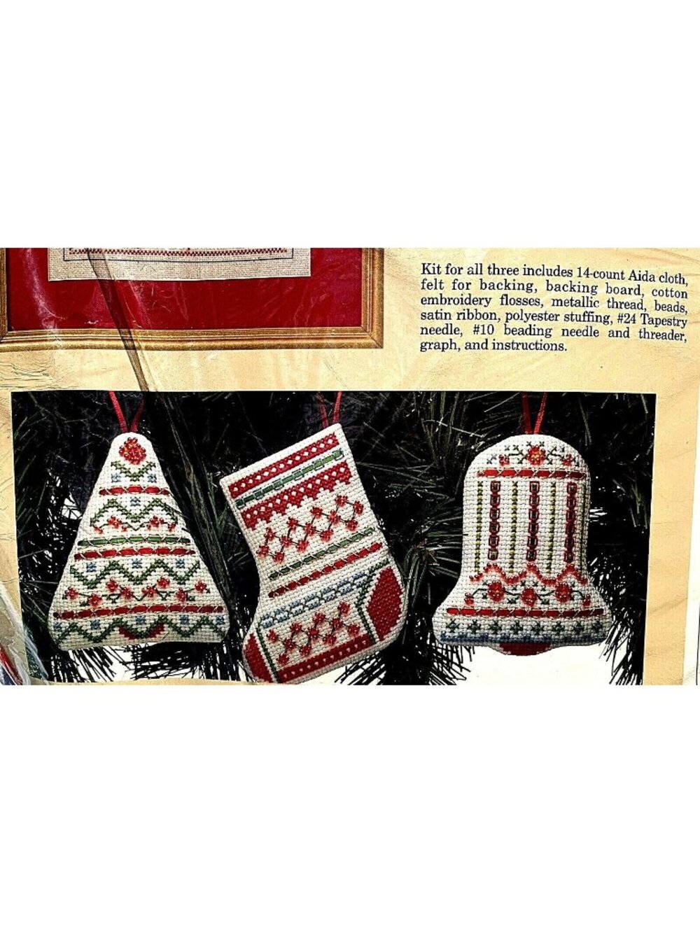 The Creative Circle cross stitch kit #2449 little Gem Tree 4 ornaments